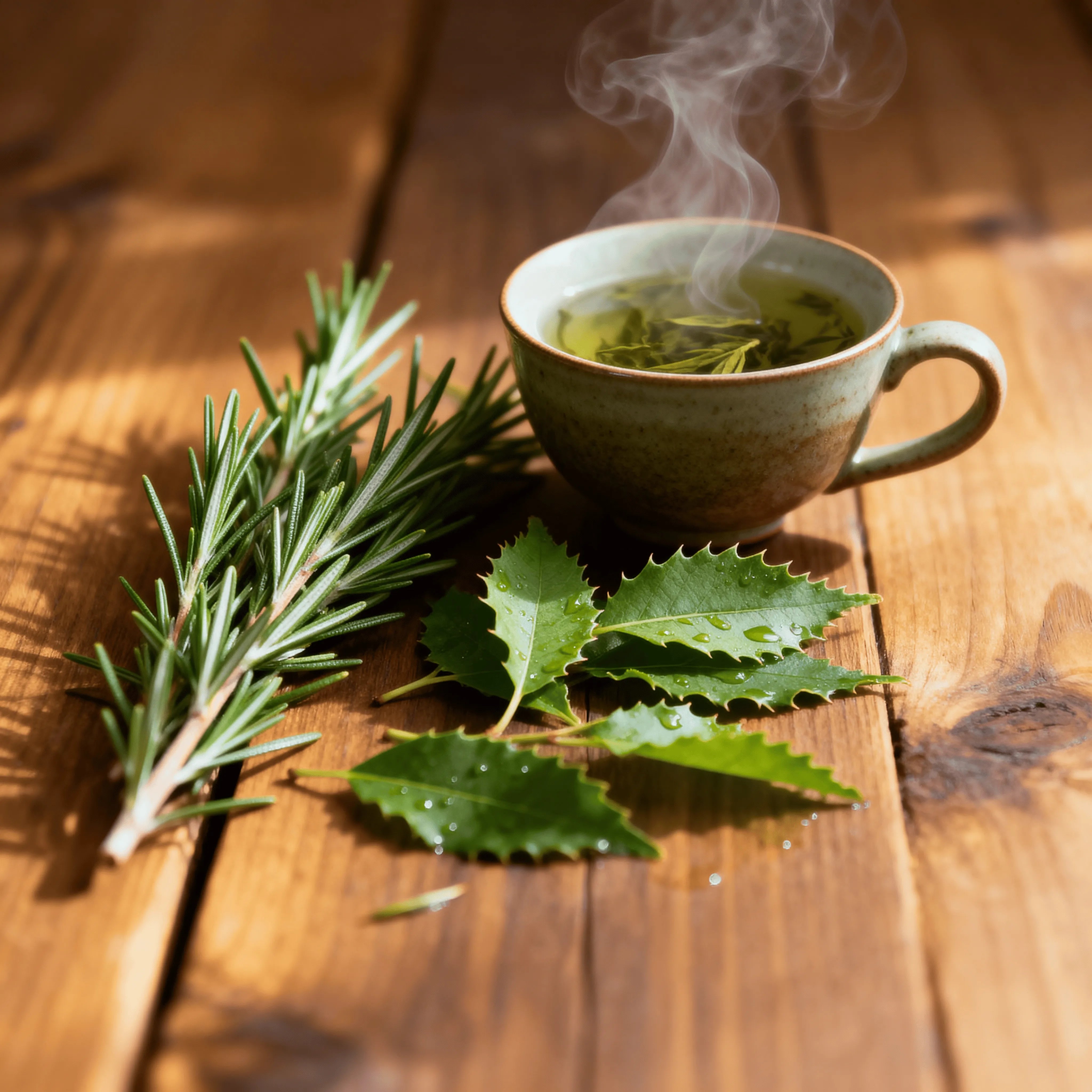 Steaming cup of green tea with rosemary on a wooden surface