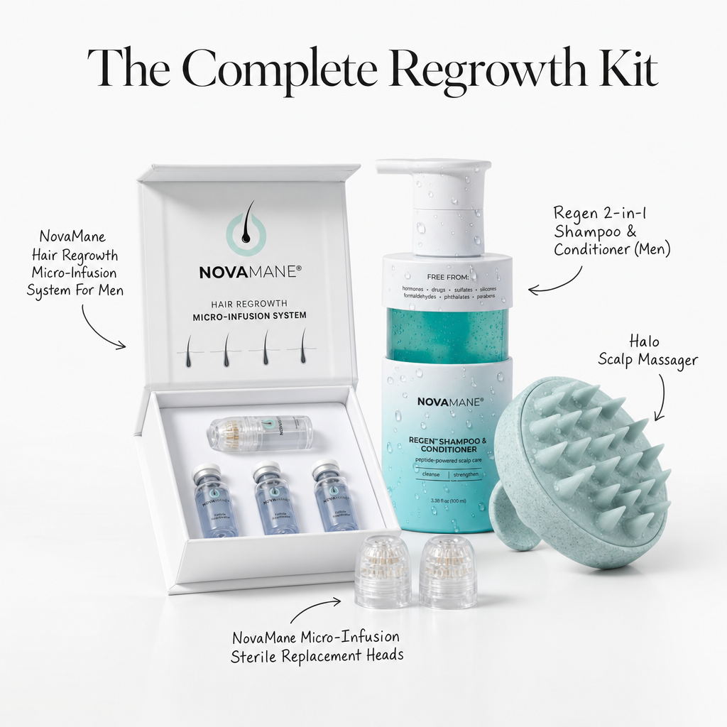 The Complete Regrowth Kit (1x NovaMane Hair Regrowth Micro-Infusion System For Men + 1x Regen 2-in-1 Shampoo & Conditioner (Men) + 1x Halo Scalp Massager + 1x NovaMane Micro-Infusion Sterile Replacement Heads)