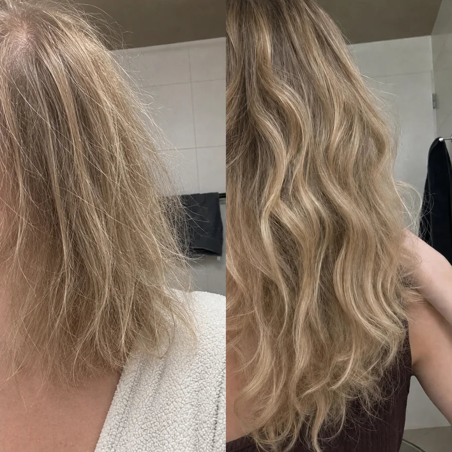 Thin, shoulder-length hair before and long, thick hair after