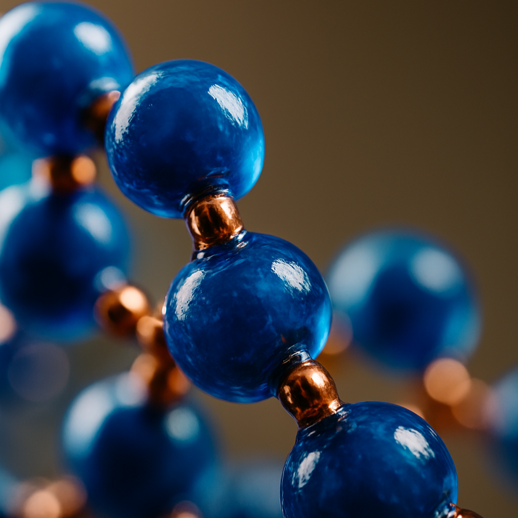 Close-up of blue beads with copper accents on a blurred background
