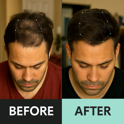 Before and after comparison of a man's hairline with marked lines on his head.