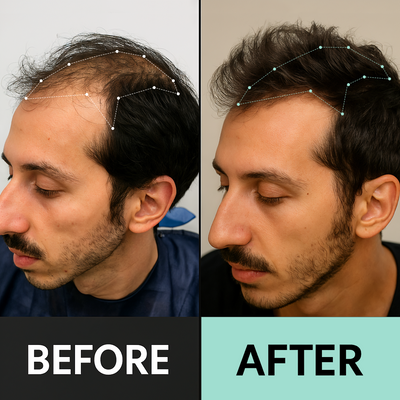 Before and after comparison of a person's hairline with hair restoration.