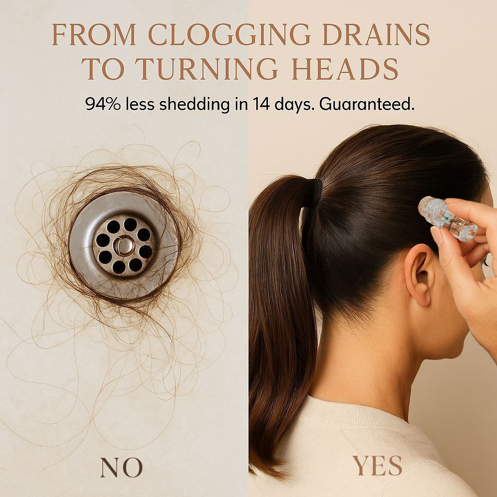 Product advertisement showing hair in a drain and a person using a hair product, with text about shedding reduction.