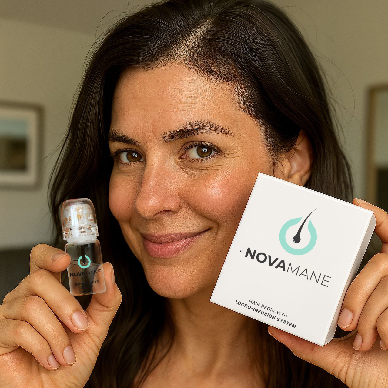 Woman holding a NovaMane product box and bottle, smiling.