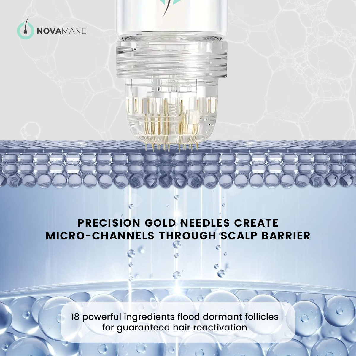 Glass container with gold needles on a textured background, featuring NovaMane branding.