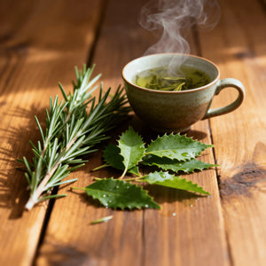 Steaming cup of green tea with rosemary on a wooden surface