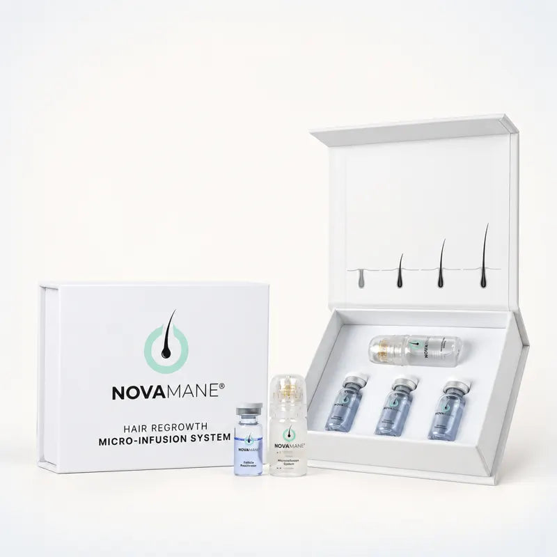 NovaMane Hair Regrowth Micro-Infusion System: box, applicator and three serums