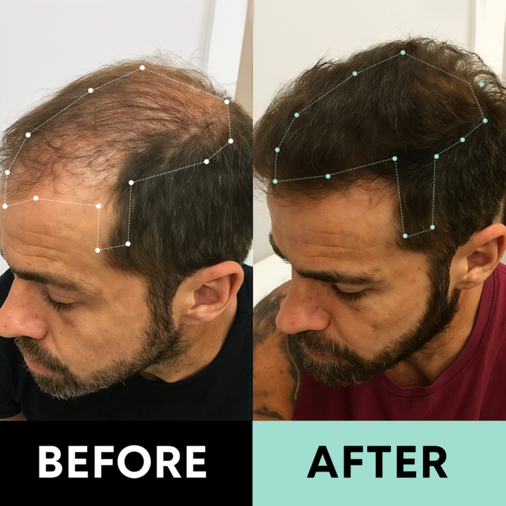 Before and after comparison of a man's hairline with marked lines on his head.
