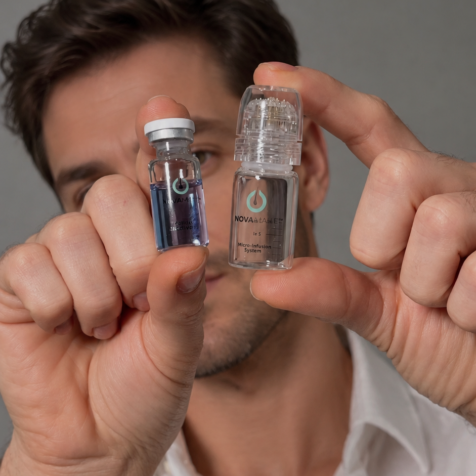 A man holds two small cosmetic vials in front of his face against a plain gray background. One vial contains a blue liquid and the other is clear with a dark liquid inside.