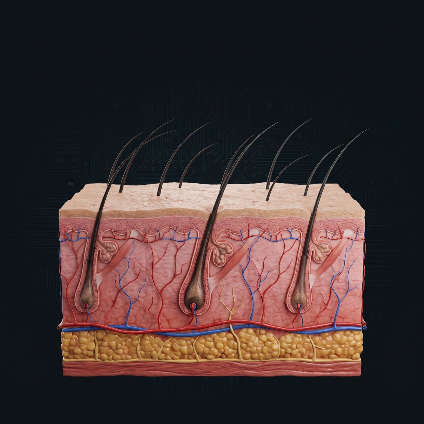 Photoreal cross-section of scalp skin showing follicles, capillaries and fat layer.